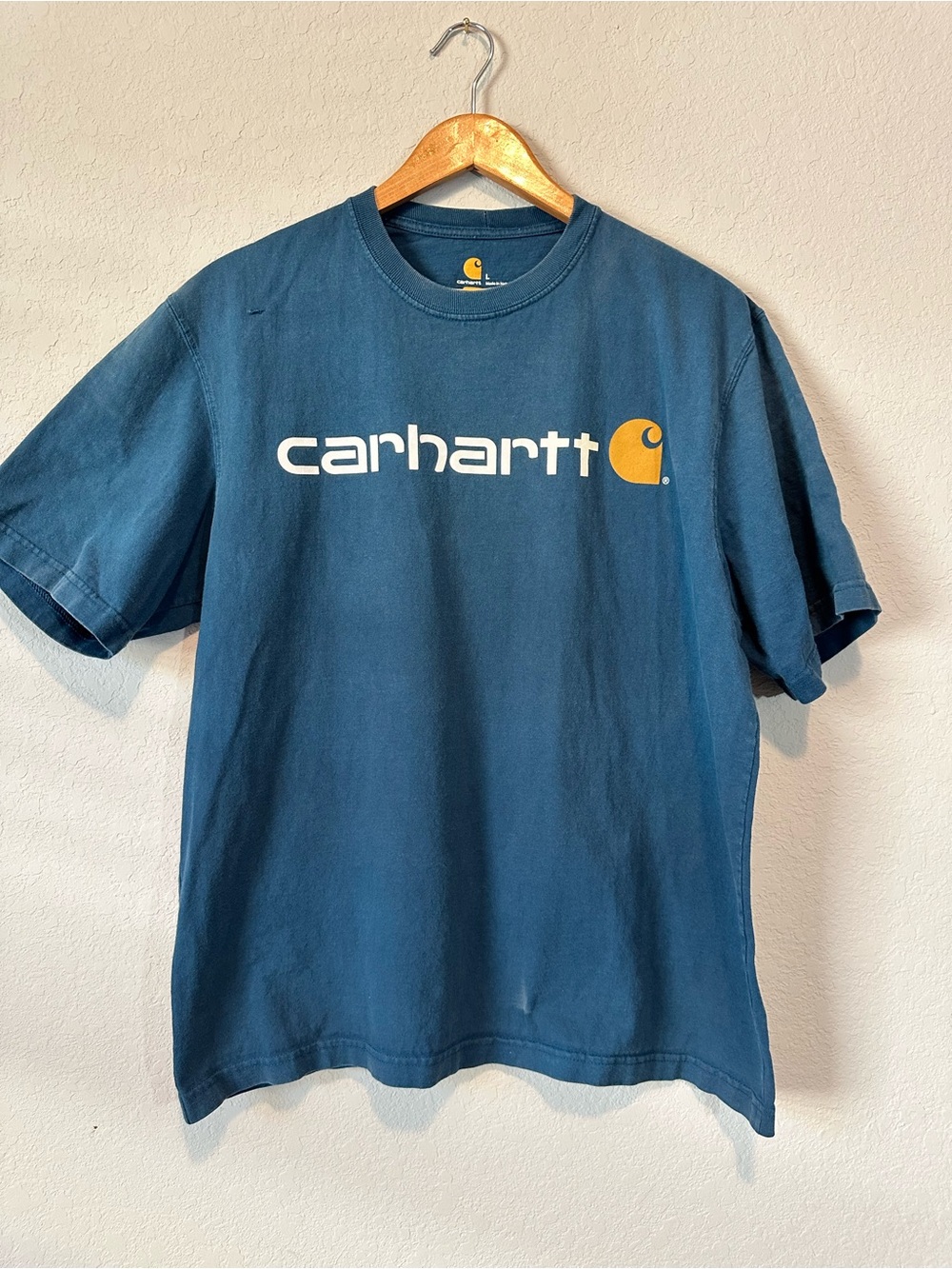 Carhartt Teal Short-Sleeve Logo Tee with Yellow Emblem